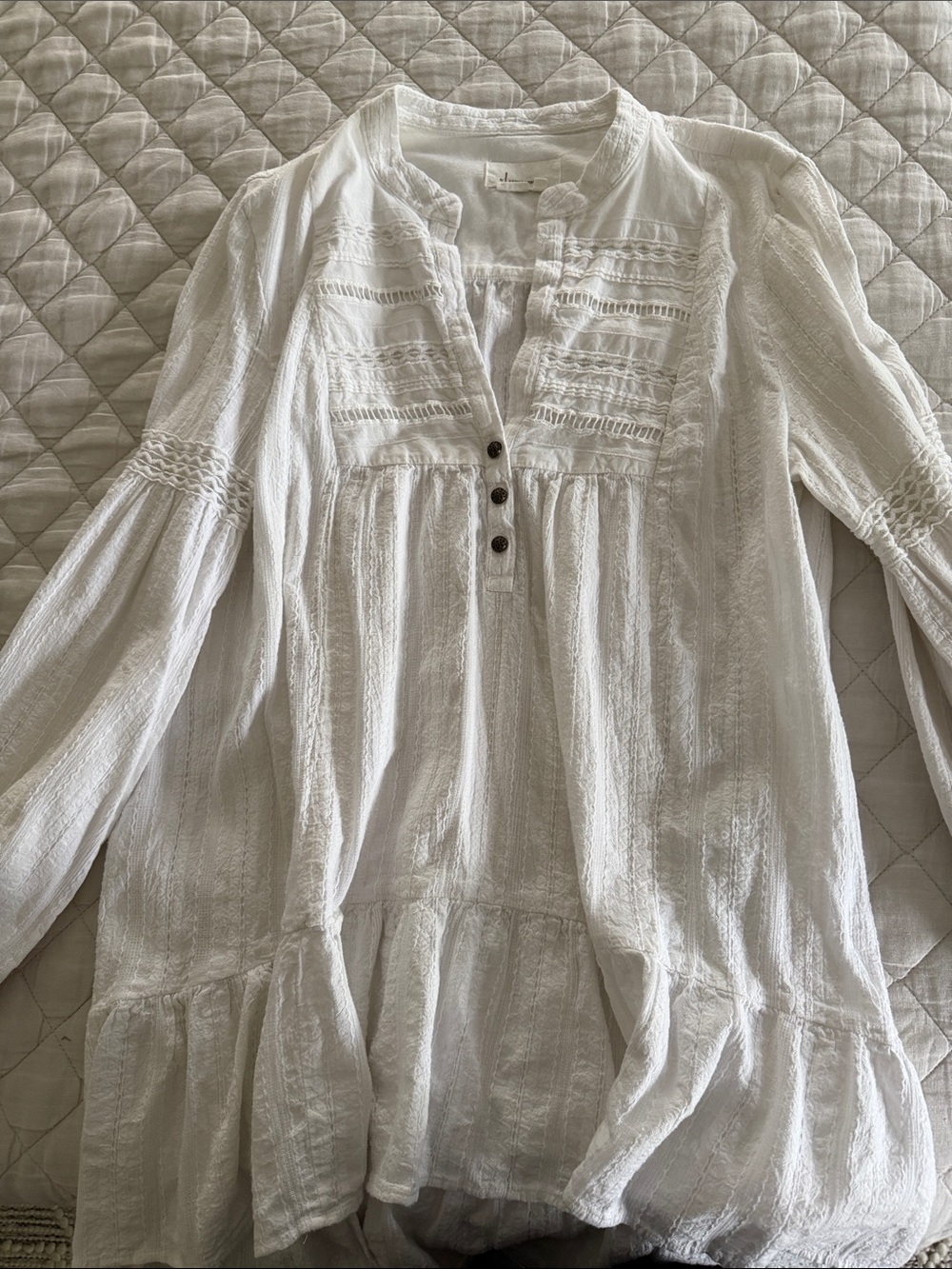 Anthropologie Boho White Peasant Blouse with Pintuck and Lace Detailing